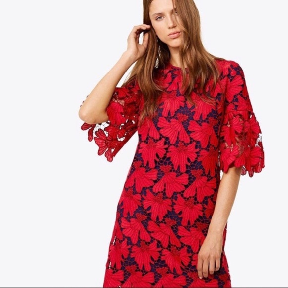 TORY BURCH •RARE• Nicola Guipure Lace Dress In Volcano Red & Navy Blue Size 6 - Picture 2 of 13